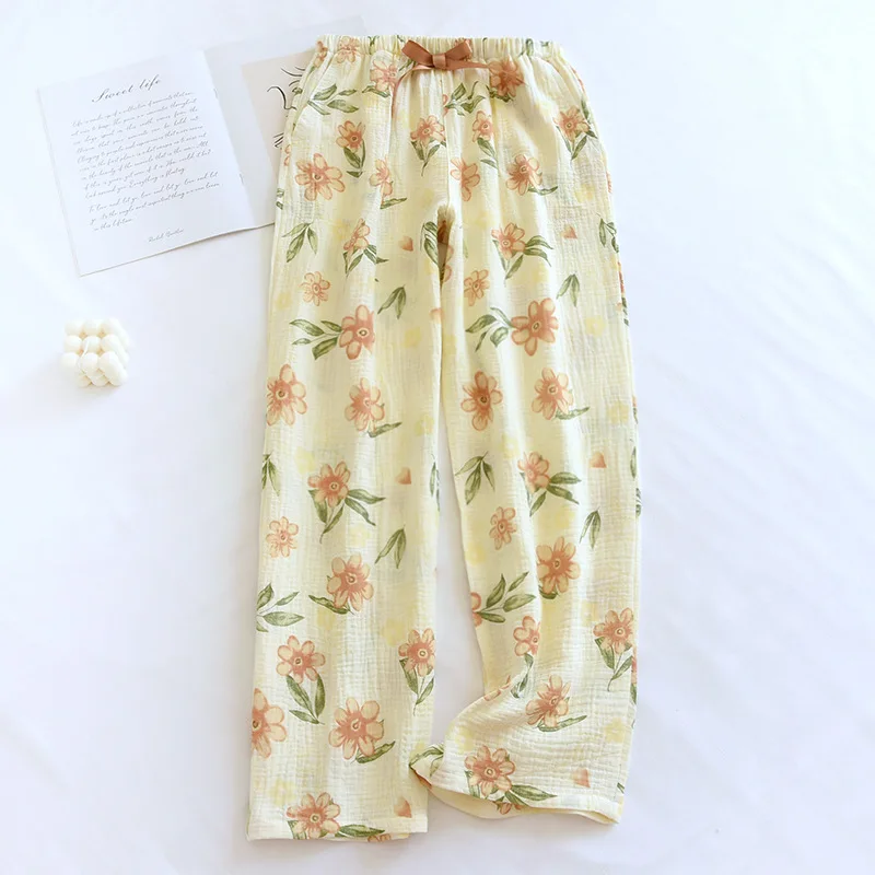 2024 Summer New Women\'s Pajama Pants 100% Cotton Crepe Flower Pants Air Conditioned Pants Thin Large Comfortable Home Pants