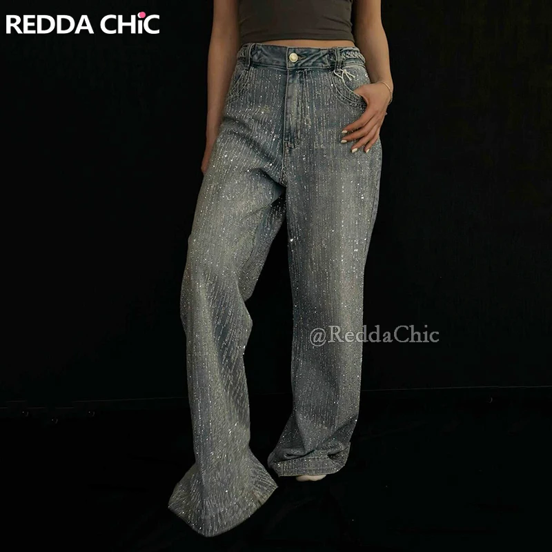 

REDDACHiC Starry Night Women Baggy Jeans Y2k Vintage Wash Rhinestone High Waist Wide Leg Pants Concert Festival Nightclub Wear