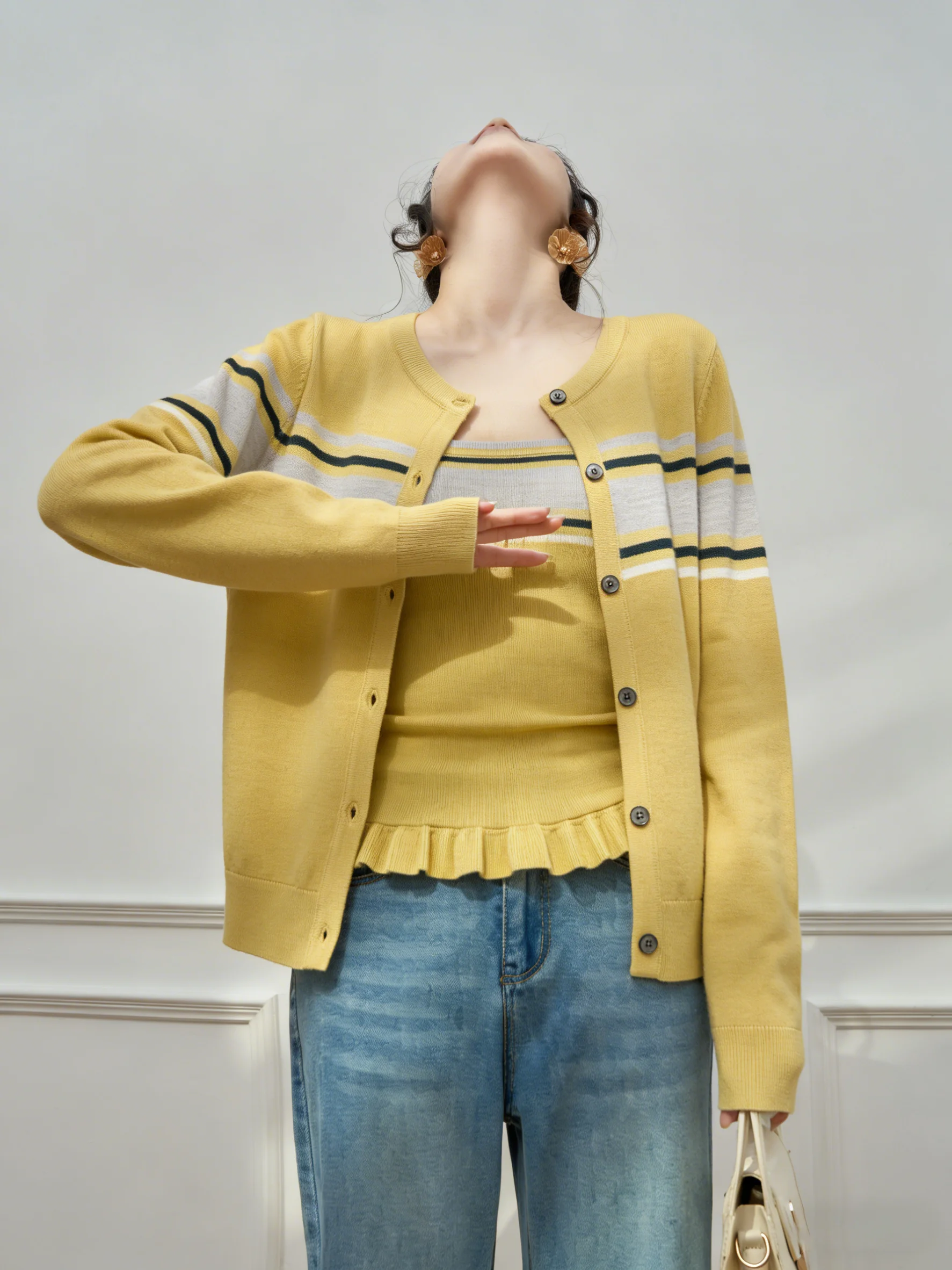 

Yellow Knitted Striped Open Cardigan Top Women's Ensemble Spring 2026 New Style Casual Chic Daily Wear Polyester Fiber