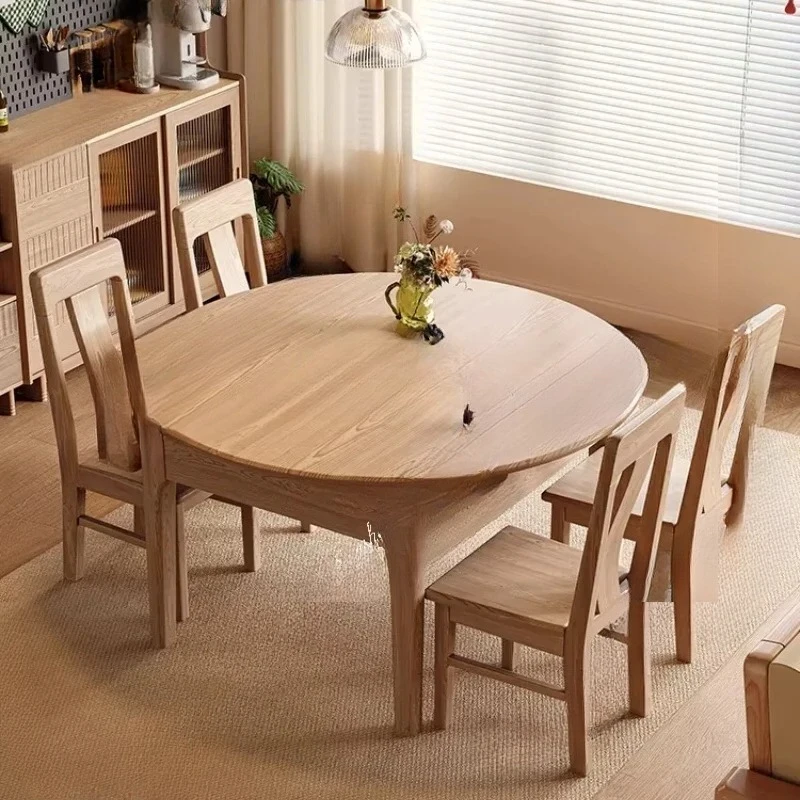 TS   solid wood dining table multi-functional household folding telescopic round table modern simple dining table and chai