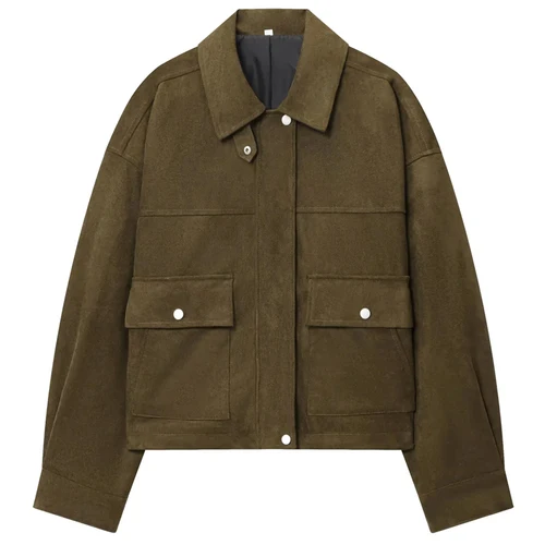 Imagen 2 del producto HXAO Chaqueta de ante sintético verde, chaqueta Bomber para mujer, otoño 2025, nuevo en abrigos y chaquetas, bolsillos elegantes y elegantes, prendas de vestir exteriores de manga larga