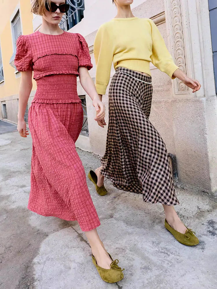 Spring 2026 New Women's High Waist Casual Commuter Floral Lace Skirt Midi Dress Sweet Plaid Pattern Daily Wear Fashionable