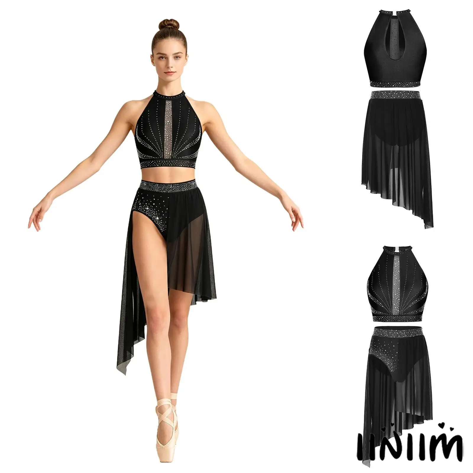 Womens Elegant Liturgical Praise Dance Performance Costume Back Keyhole Rhinestone Crop Top and Skirt Ballet Jazz Dancewear Set