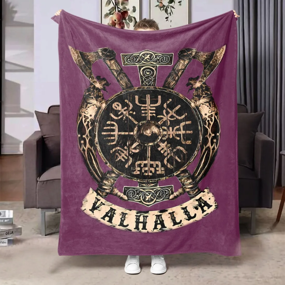 Luxury Plush Valhalla Norse Mythology Throw Blanket Giant Cozy Decorative Gift for Men Women Viking Art Bedroom Decor