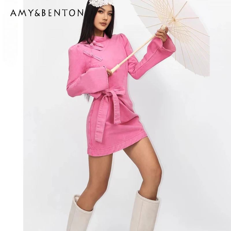 

New Chinese Style Button Design Women's Clothing 2025 Spring Autumn Slimming Sweet Cool Sexy Hot Girl Y2k Denim Dresses Ladies