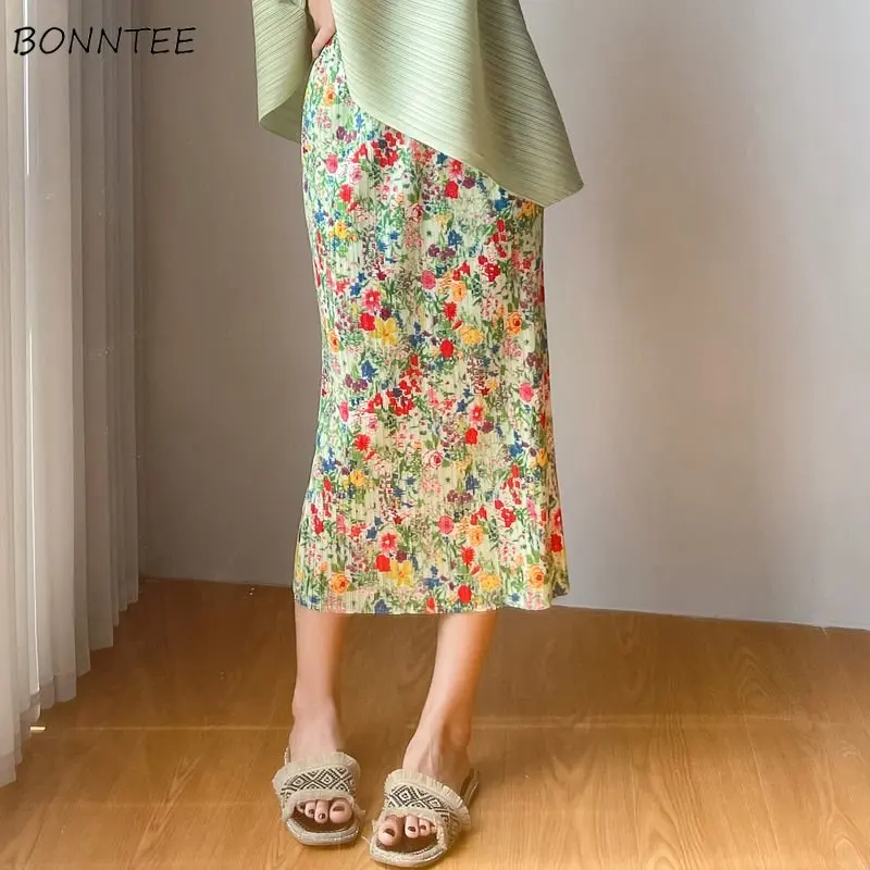 S-3XL Skirts Women Printing Vintage Folds Summer Personality High Waist All-match Fashion Ulzzang Vacation Casual Korean Style