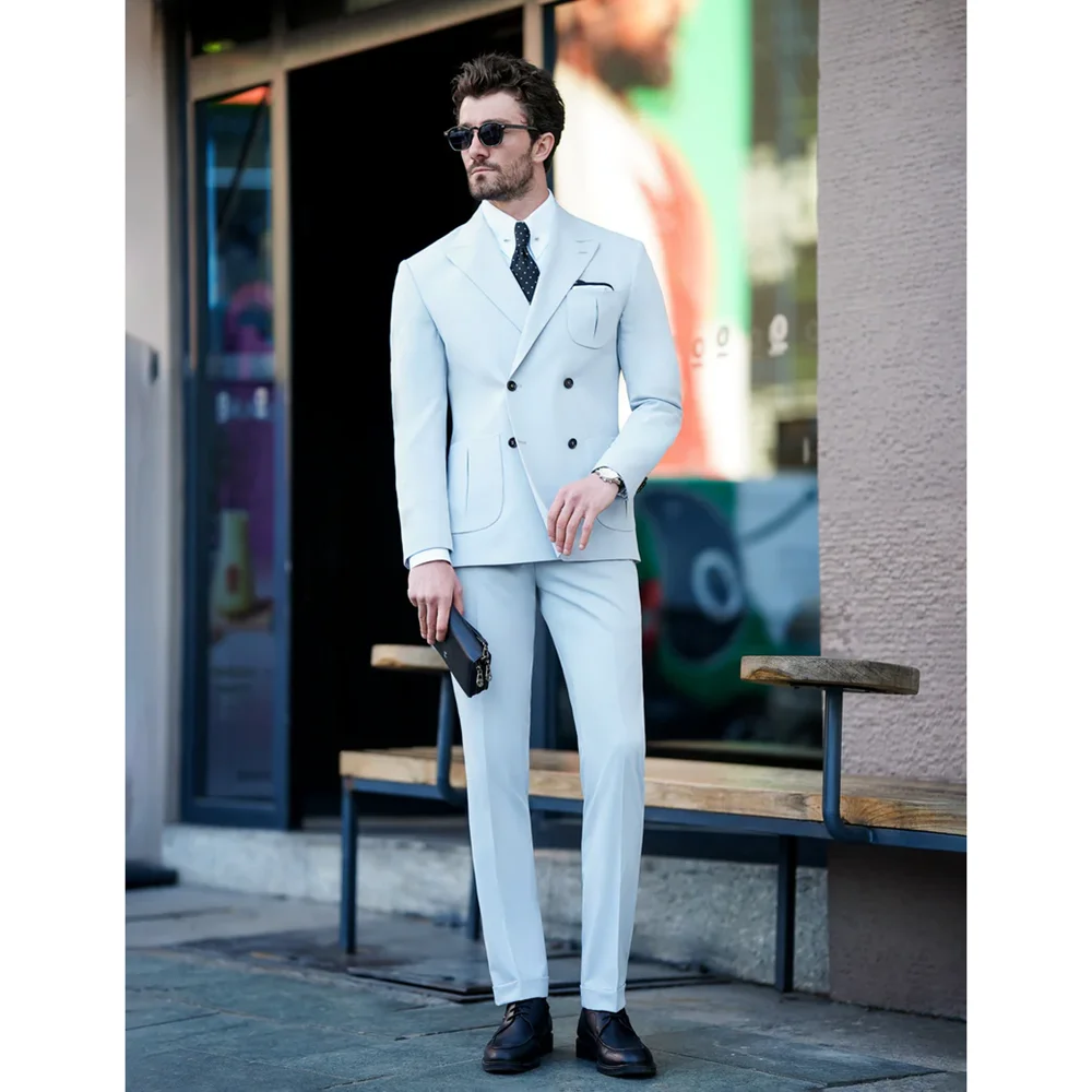 High-end 3 Pockets Men Suits 2 Piece Fashion Business Casual Slim Men Clothing Double Breasted Peak Lapel Wedding Tuxedo