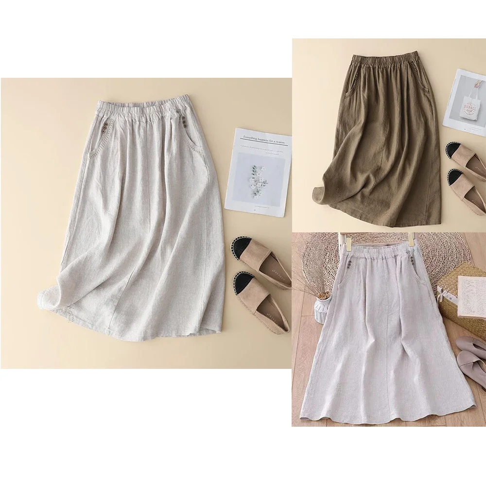 75%Linen 25%Cotton (Front And Back Pockets)Women's Simple Half-body Skirt Summer New Loose Casual Thin Skirt Literary Half Skirt