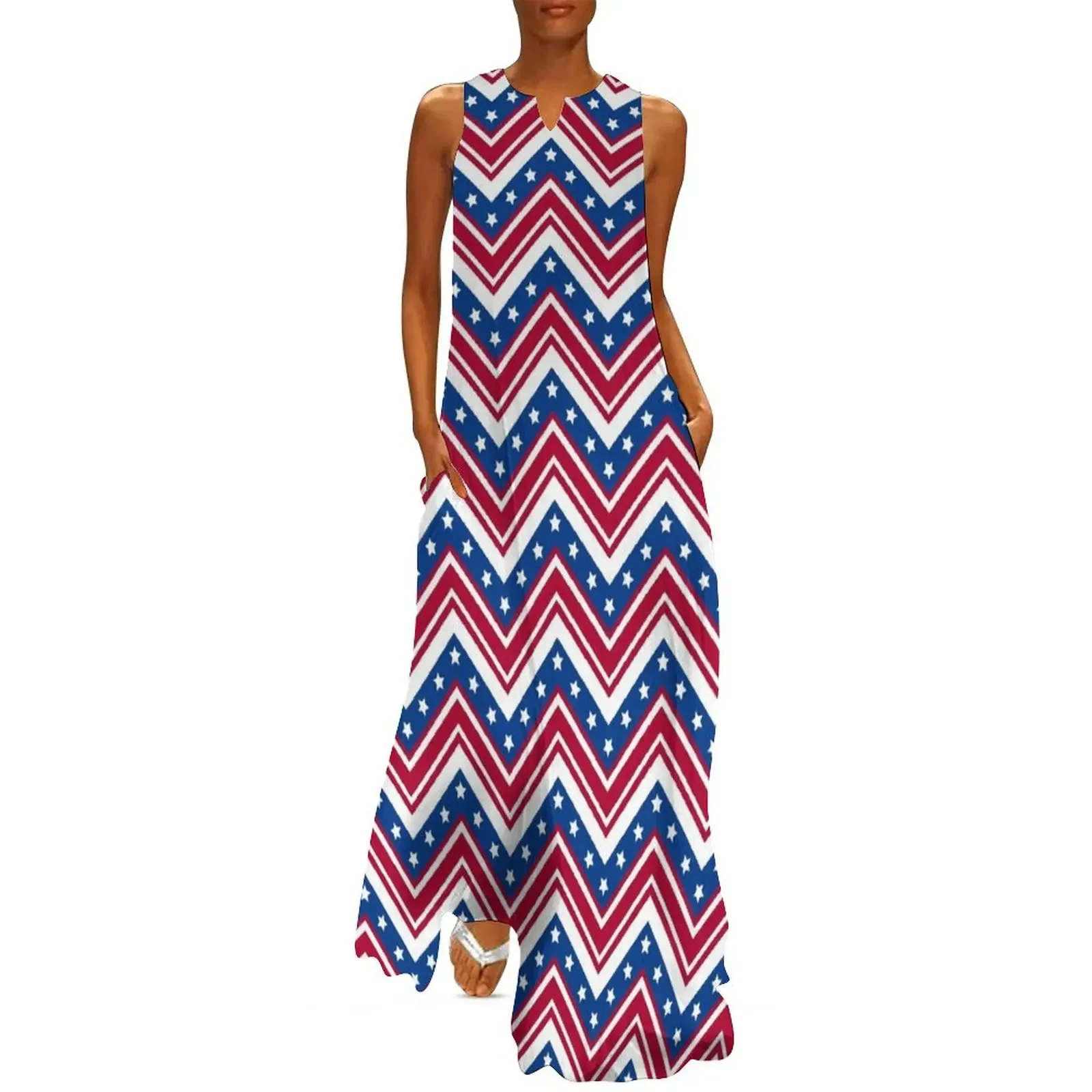 

Red White and Blue Zigzag Stripes with Stars Long Dress elegant dress summer clothes for women womens dress