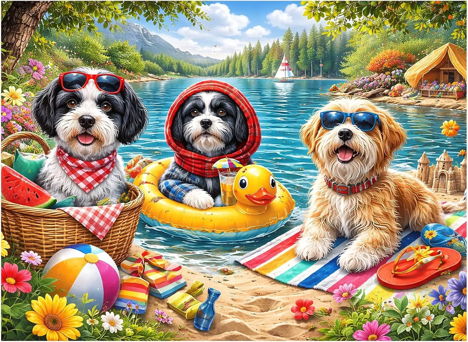 

Lakeside Beach Puppy Vacation Wooden Jigsaw Puzzle 1000 Pieces Outdoor Hobby Craft Summer Home decor Beach Lover Birthday Gift