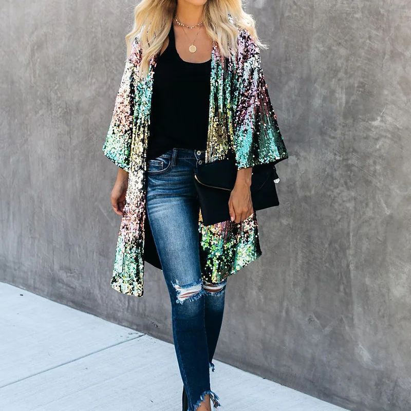 Bunte Pailletten Frauen Lange Stil Offene Knopfleiste Mantel Mit Futter Europäischen Mode Damen Lose Strickjacke Drei Viertel Ärmeln