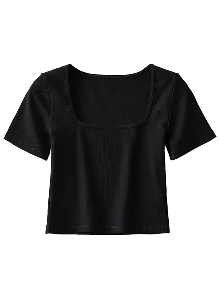 Camiseta corta con cuello cuadrado para mujer, Top corto de manga corta