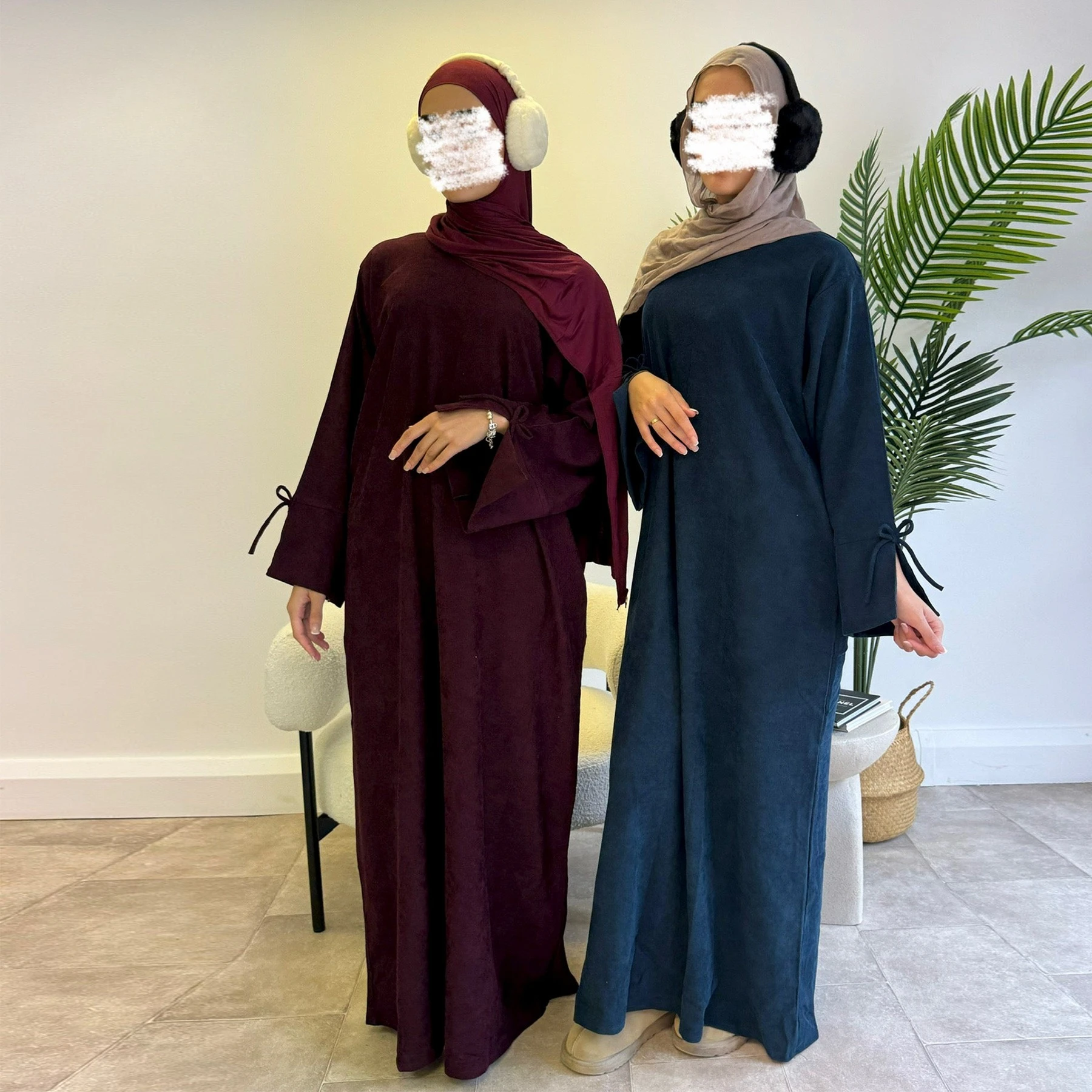 

Winter Corduroy Bowknit Modest Abaya Robe Elegant Muslim Women Islamic Clothing Wholesale Dubai Closed Abaya With Pocket