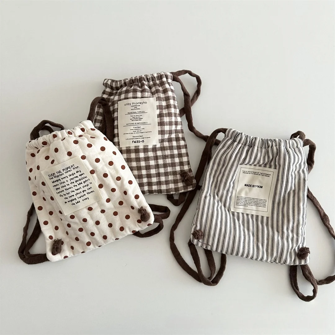 Zaino con coulisse in stile coreano per bambini Borsa a tracolla portaoggetti leggera per bambini scozzese a pois invernali