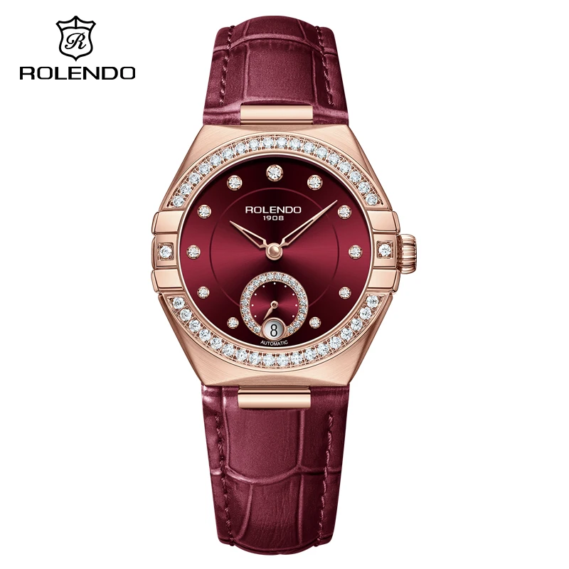 

ROLENDO Constellation Automatic Watches for Women 33mm Mineral Crystal Burgundy Leather Strap Calendar Waterproof Watch Gift