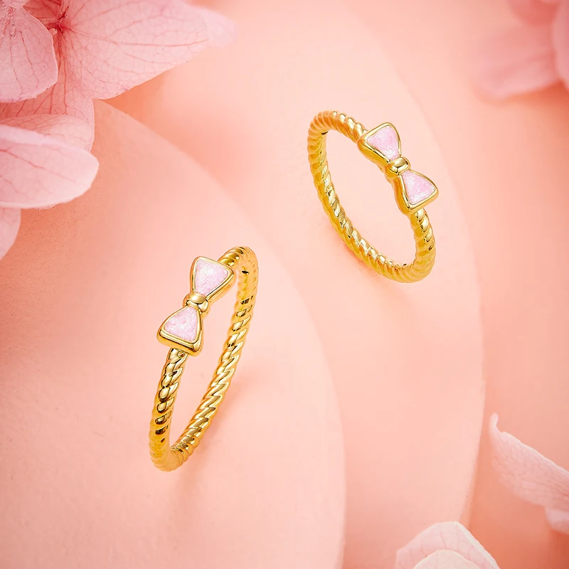 1PCS Pure 999 24K Yellow Gold Ring Women Pink Paint Bow-knot Rope Band 5D Hard Gold Rings Size US 5-9