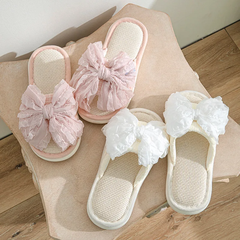 Exquisite Bow Tie Shaped Slippers Fashionable Simple Comfortable Cotton Linen Slippers Lightweight Breathable Soft Women