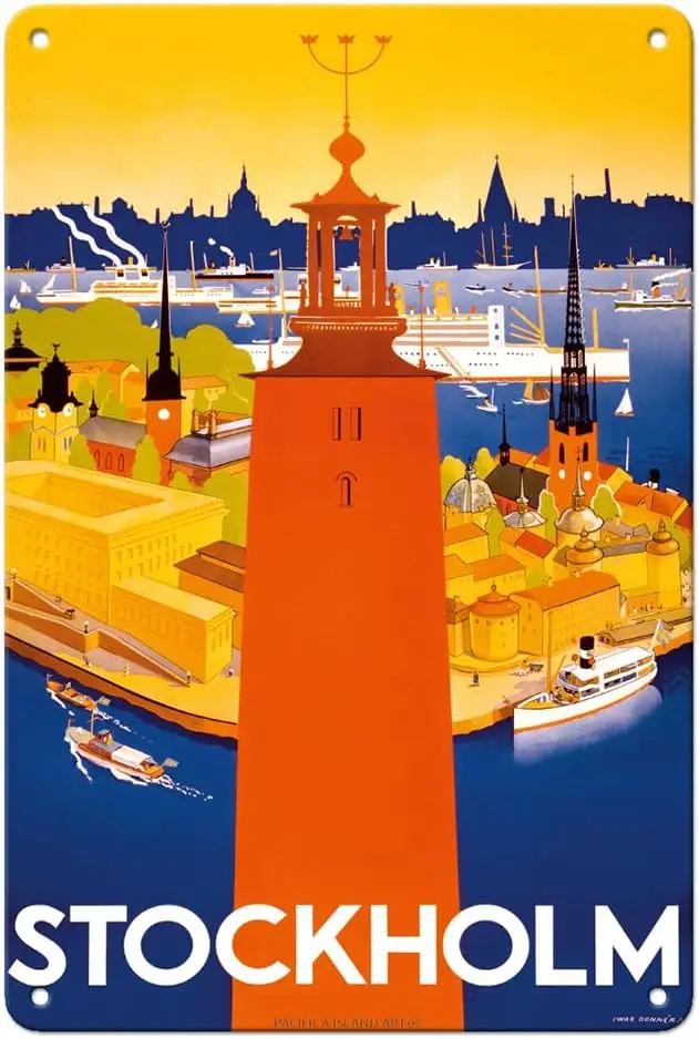 Pacifica Island Art Stockholm - Sweden - Port of Stockholm and City Hall - Vintage Travel Poster by Iwar Donner c.1936-8 x  sign