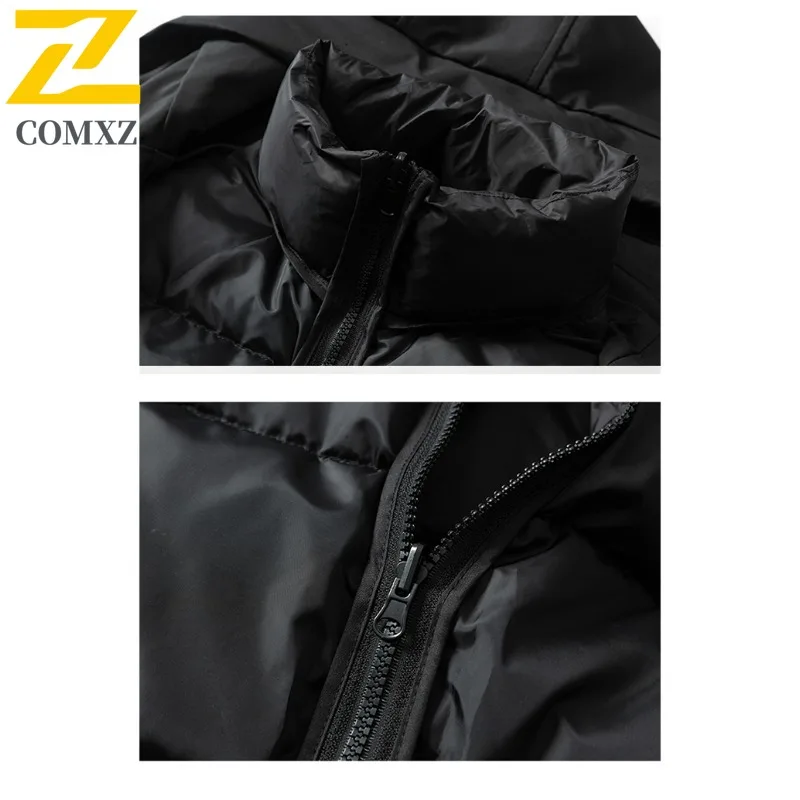 COMXZ Couple Long Down Jacket New Classic Splicing Hooded Thickened Warm Parka Outdoor Camping Windproof Windbreaker
