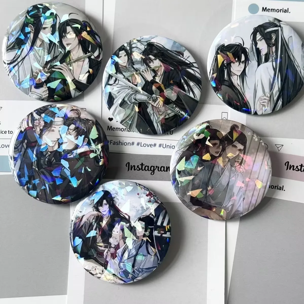 "Magic Master" fan art "Ba Ji" LAN Wangji Wei Wuxian "laser fer blanc brillant badge broche anime marchandise