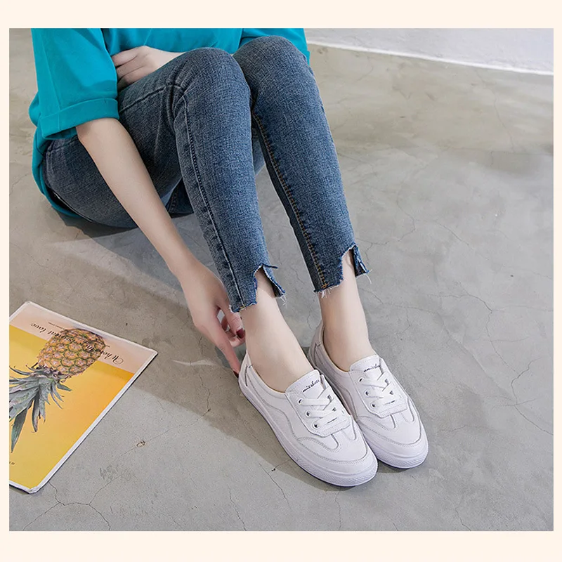 CXJYWMJL Women Cowhide Casual Sneakers Spring Lightweight Vulcanized Shoes Ladies Genuine Leather Skate Shoes Soft Sole Flats