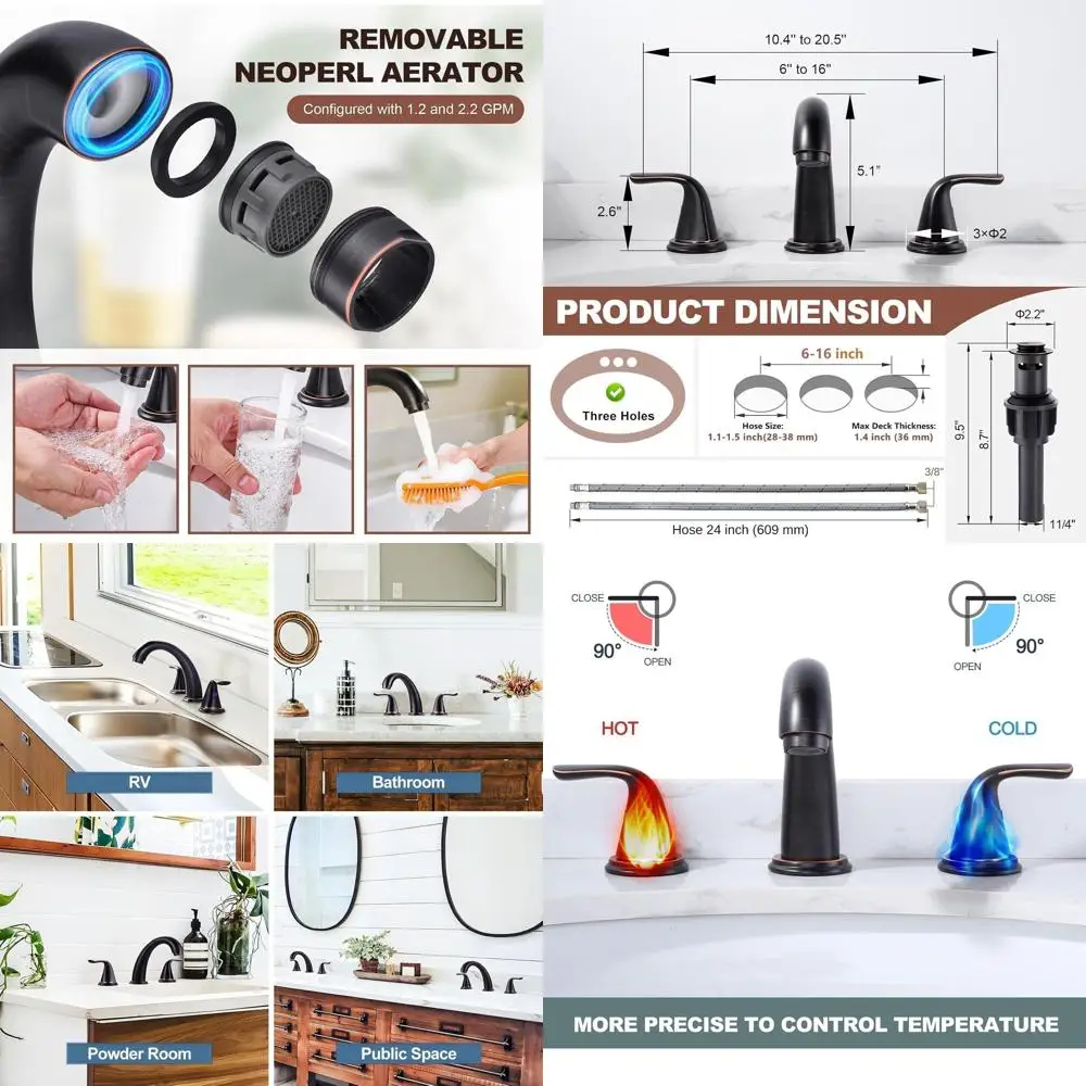 

3-Hole Oil Rubbed Bronze Widespread Bathroom Sink Faucet with Pop-Up Drain and Lead-Free Stainless Steel Hose