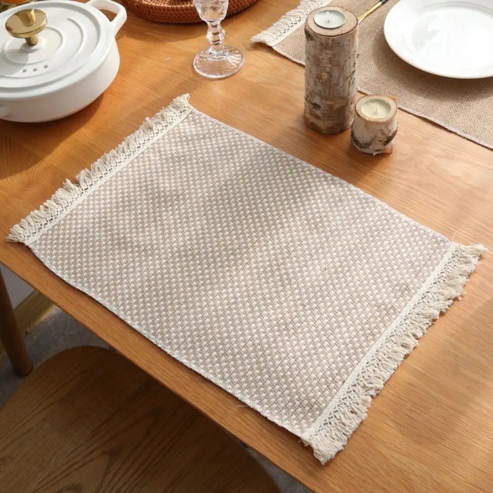 1 Pcs Creative Square Dinner Table Mats Pads With Lace Natural Jute Placemats Table Mat Kitchen Dining Jute Table Decor Khaki