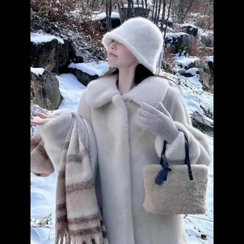 

Женское длинное свободное пальто с воротником из искусственного меха, утепленное, теплое, плюшевое, из искусственной норки, зимняя верхняя одежда, экологичное, модное пальто