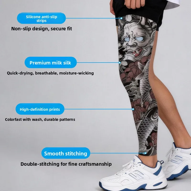 Sun Protection Leggings Men's Elastic Hiking Protective Simulation Tattoo Print Motorcycle Riding Knee Pads High Elasticity B...