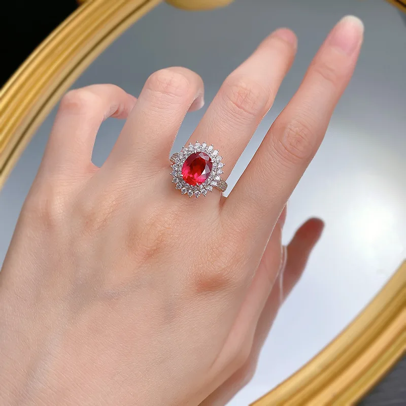 Cross border S925 Silver Pigeon Blood Red Diamond 8 * 10 Oval Ring Fashion Simple Style in Europe and America