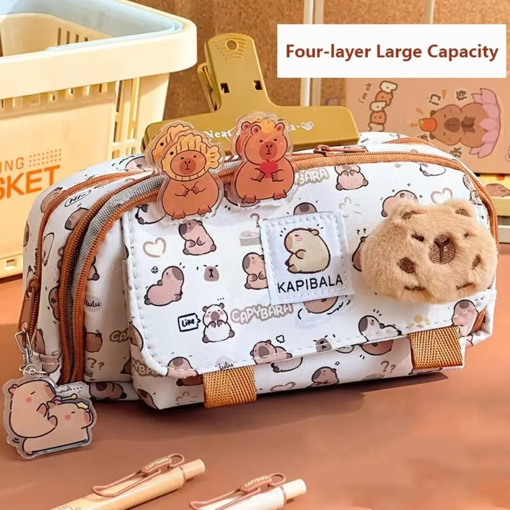 INS Capybara Four-layer Large Capacity Pen Bag Cute Cartoon Pencil Case Stationery Organizer Storage Bag For Students Gift