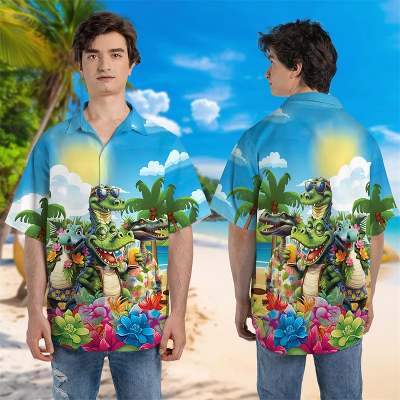 Harajuku Mode Krokodil Grafisch Strandshirt Hawaiiaanse Dierenoverhemden Voor Mannen Cartoon Alligator Liefhebbers Knoop Tops Y 2K Blouses