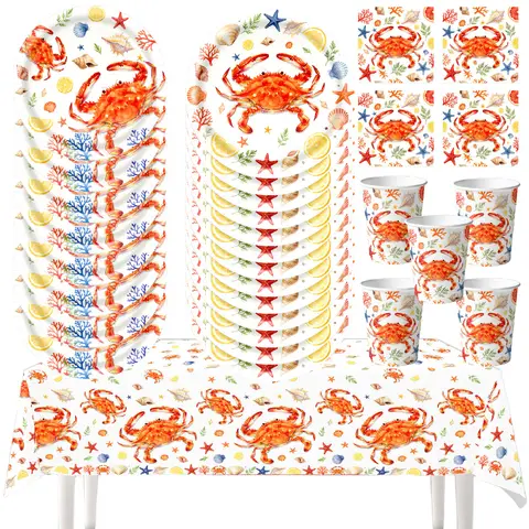 Crab Party Supplies Set, Ocean Themed Disposable Tableware Set, Plates, Cups, Napkins, Tablecloths, Birthday Party Decorations