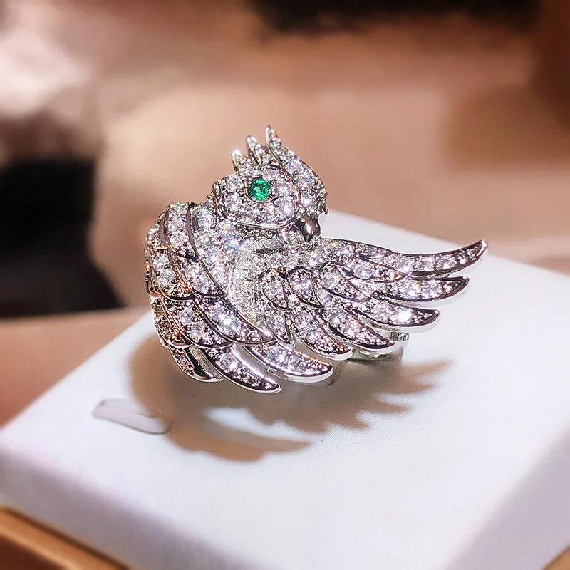 Creative Irregular Bird Emerald Wings Full Diamond Couple Ring For Women Geometry Zircon Christmas Gift Party Jewelry