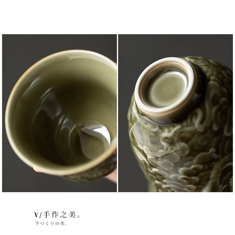 100ml Boutique Embossed Pine Crane Ceramic Tea Cup Kung Fu Tea Master Cup Tea-dust Glaze Puer Personal Teacup Celadon Drinkware