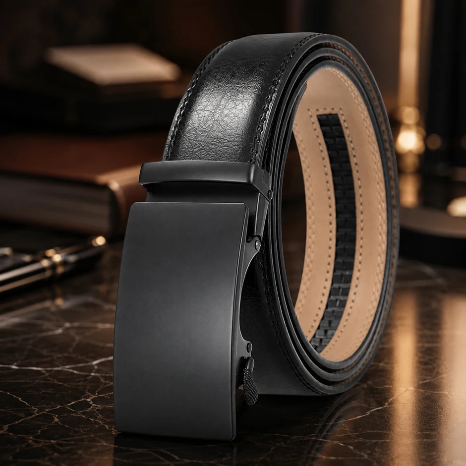 Brand Fashion Black Men's Leather Belt Cowhide Anti-rust Alloy Automatic Buckle Casual Dress Belt Non-porous Dropshipping B1238