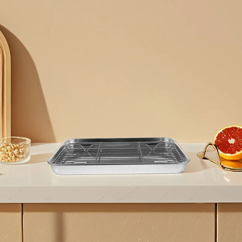 

1 Set Stainless Steel Baking Sheet With Rack Oil Draining Fry Grid High Temp Resistant Kitchen Baking Pan For Home Restaurant