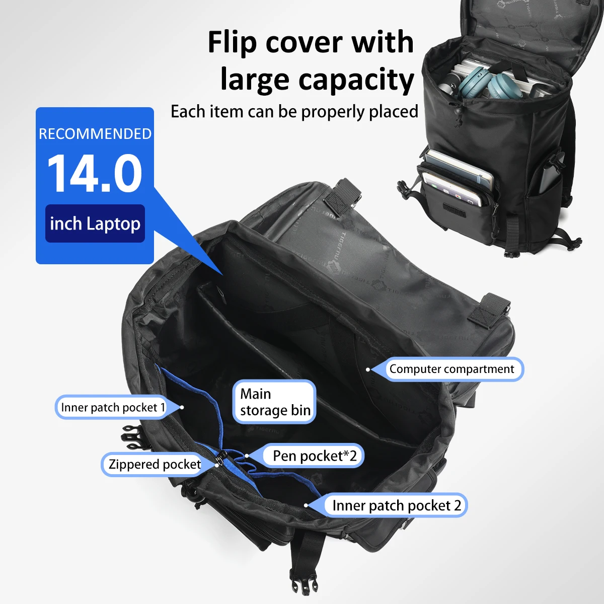 Tigernu حقيبة ظهر عادية للرجال حقيبة السفر حقائب لأجهزة الكمبيوتر المحمول 15.6 ''أزياء حقيبة المدرسة الذكور التنقل على ظهره المدرسية #4