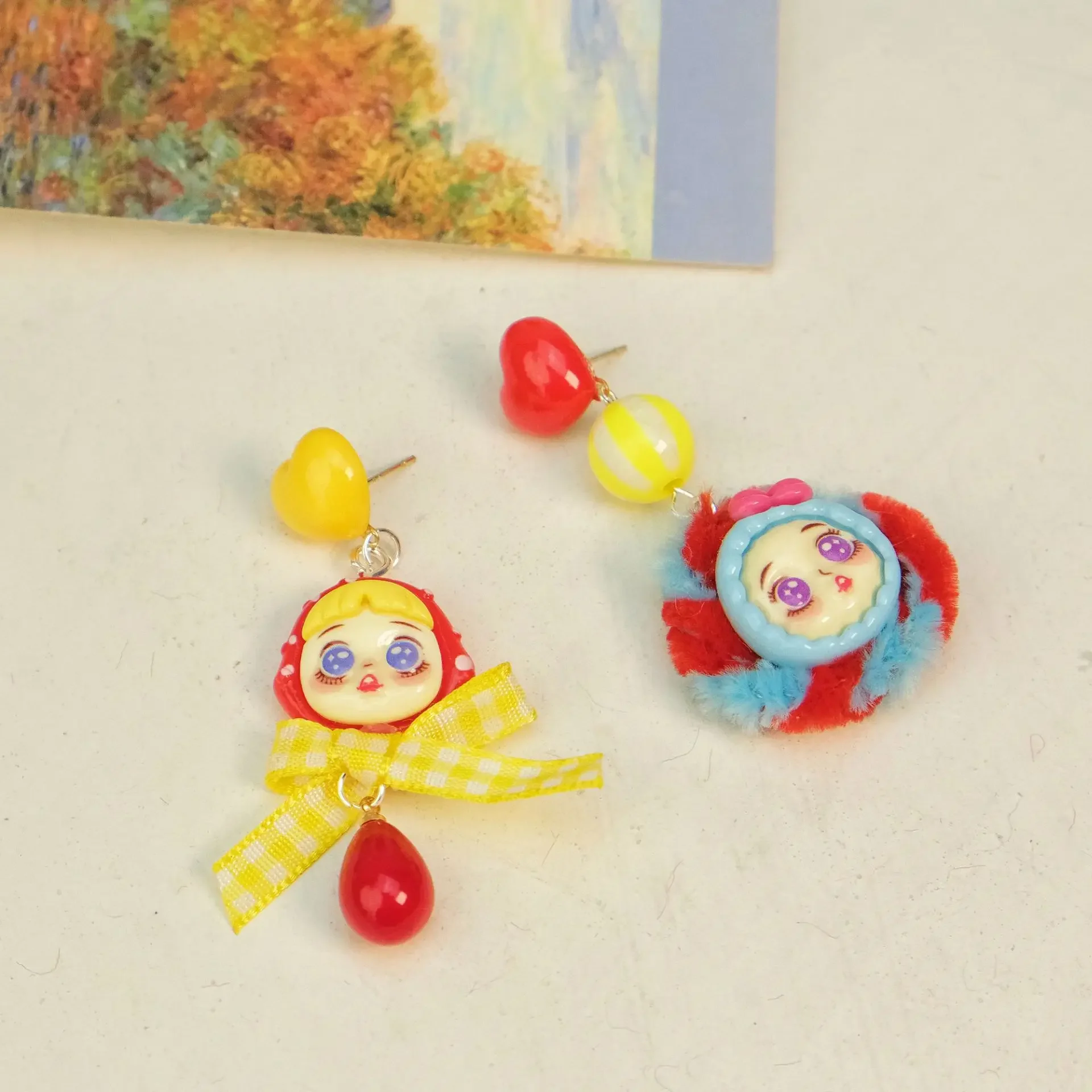 Fashion Jewelry Cartoon Asymmetric Retro Color Doll Funny Fun Earrings Personalized Bow Kawaii Exquisite Gift for Best Friend