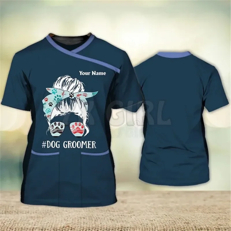 Camisa 3D con nombre personalizado para hombre, uniforme de aseo para perros, color negro y rosa, verano, 2024