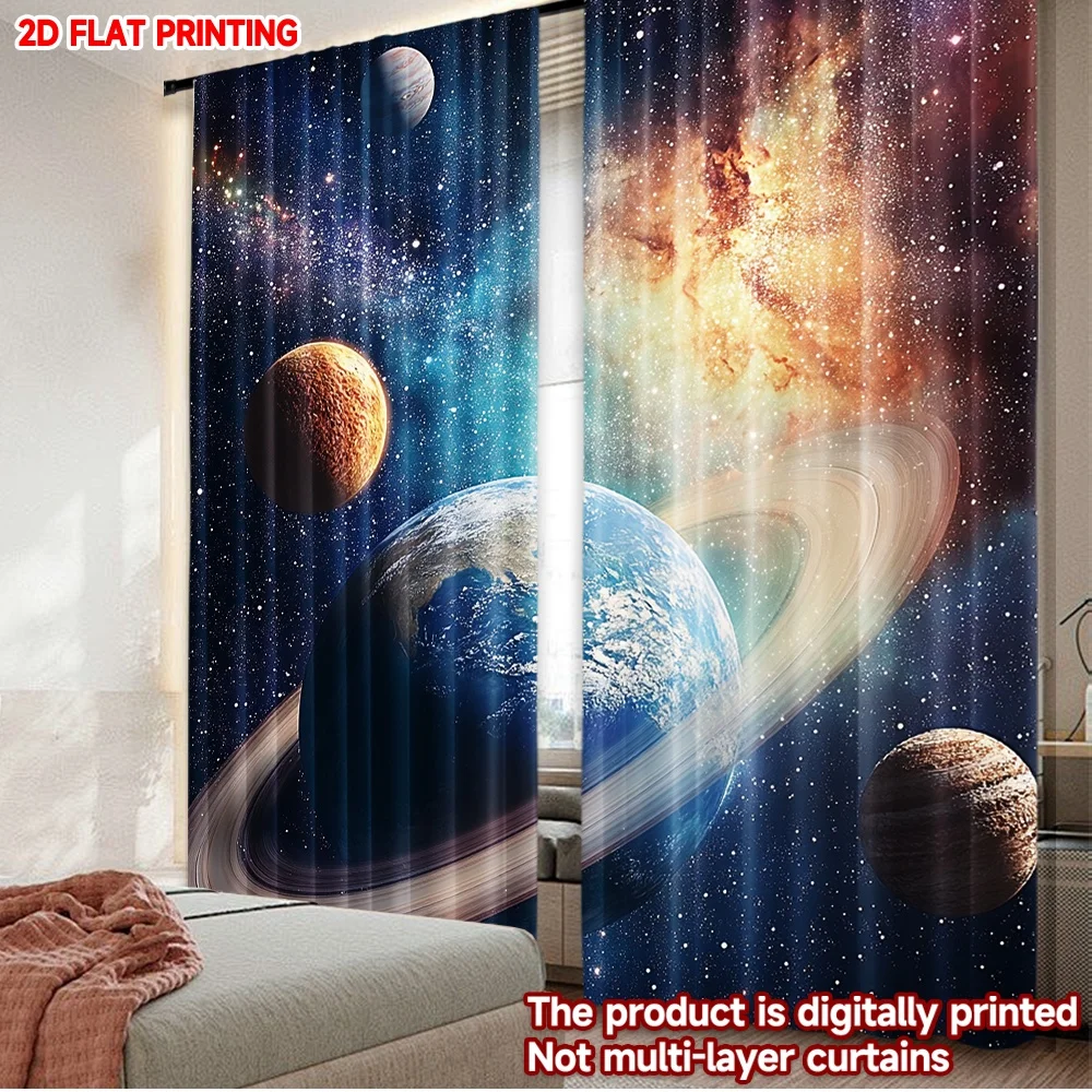 2D flat printing 2pcs Party Curtain Celestial Planets and Stars Digital Printed Polyester Drapes Holiday Decorations for Home &