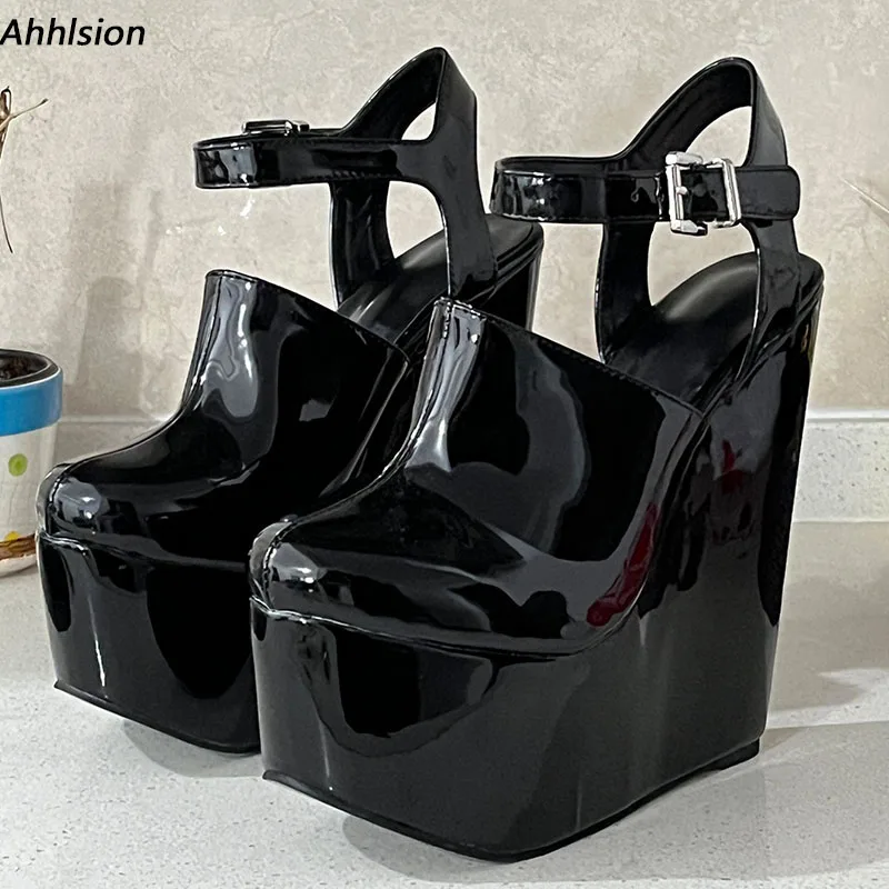 

Ahhlsion New Fashion Women Platform Glossy Pumps Sexy Wedges Heels Round Toe Concise Black Party Shoes Ladies US Plus Size 5-15