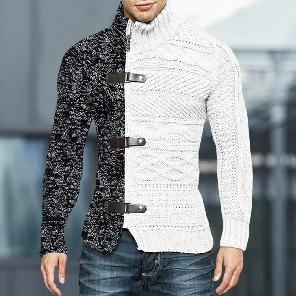 

High Collar Knitwear Slim Fit Neck Knitted Top Color Matching Sweater Men Winter Sweater Coat Asymmetric Long Sleeves