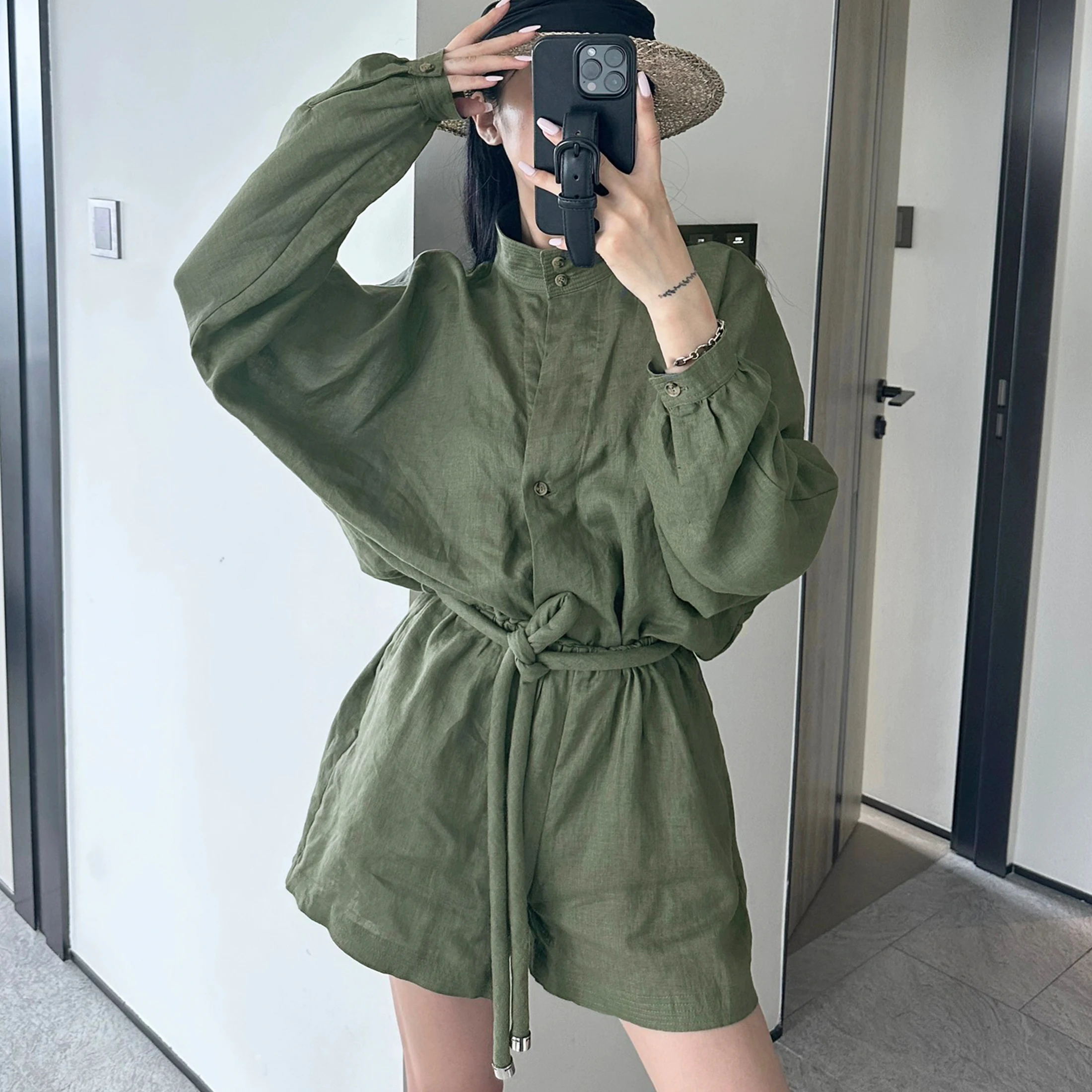 

NIGO Women's Spring/Summer Green Linen jumpsuit Bat Sleeve Casual Fashion Loose Coat Top Ngvp #nigo8621