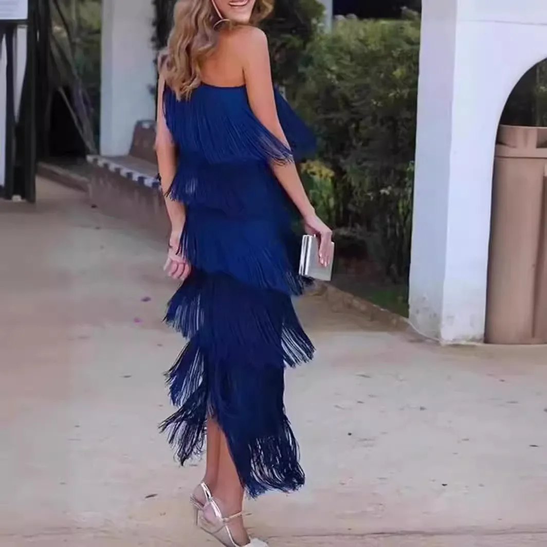 V Neck Mid Length Gown Straight Silhouette Professional Style with Print Dyeing Off Shoulder Elegant Style Spring for Women