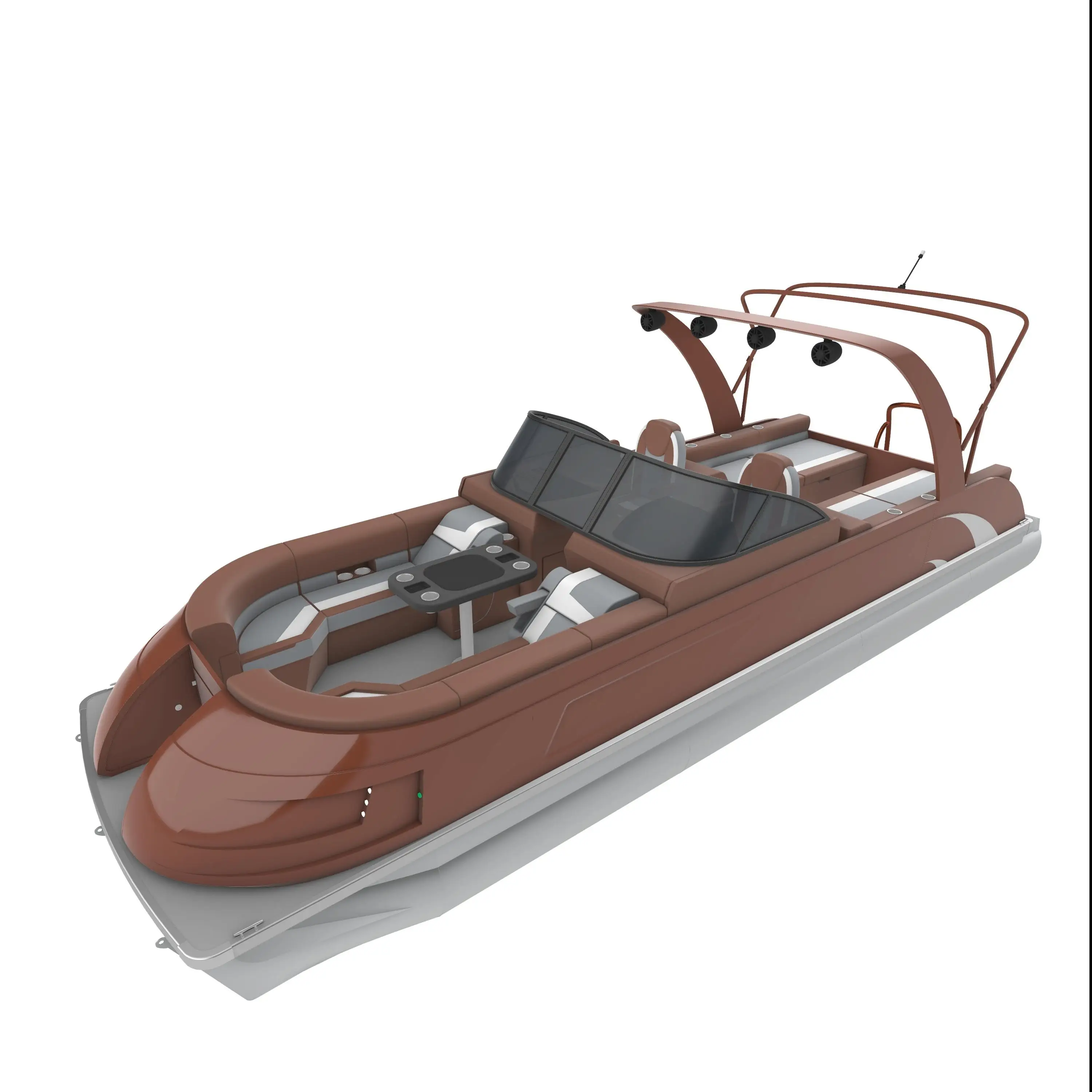 Modern fiberglass pontoon boats, equipped with a 90-horsepower engine, personalized layout, and a marine audio bass system