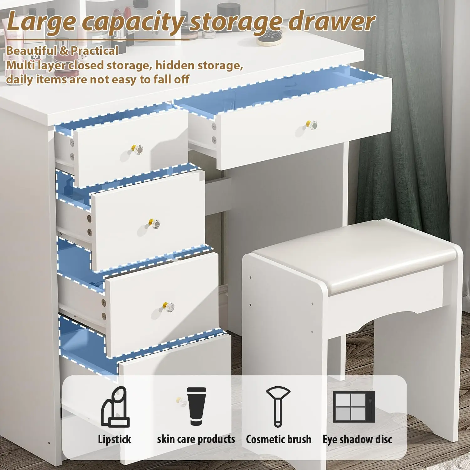 Vanity Set with Rectangular Mirror, Makeup Vanity Dressing Table with 5 Drawers, Shelves, Dresser Desk and Cushioned Stool Set