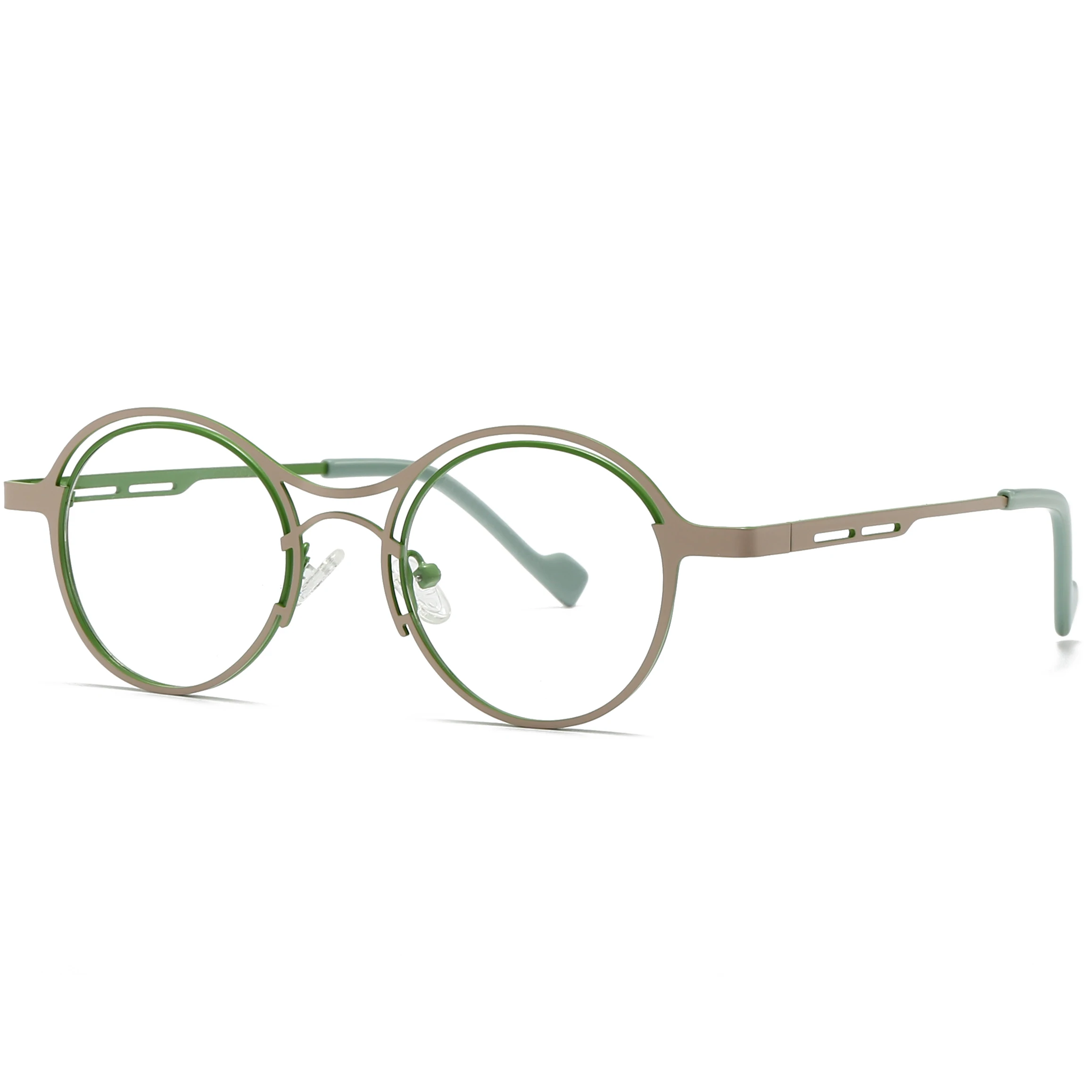 Fytoo Women's Vintage Modern Reading Glasses - Green Full Metal Frame Round Semi-Hollow Design