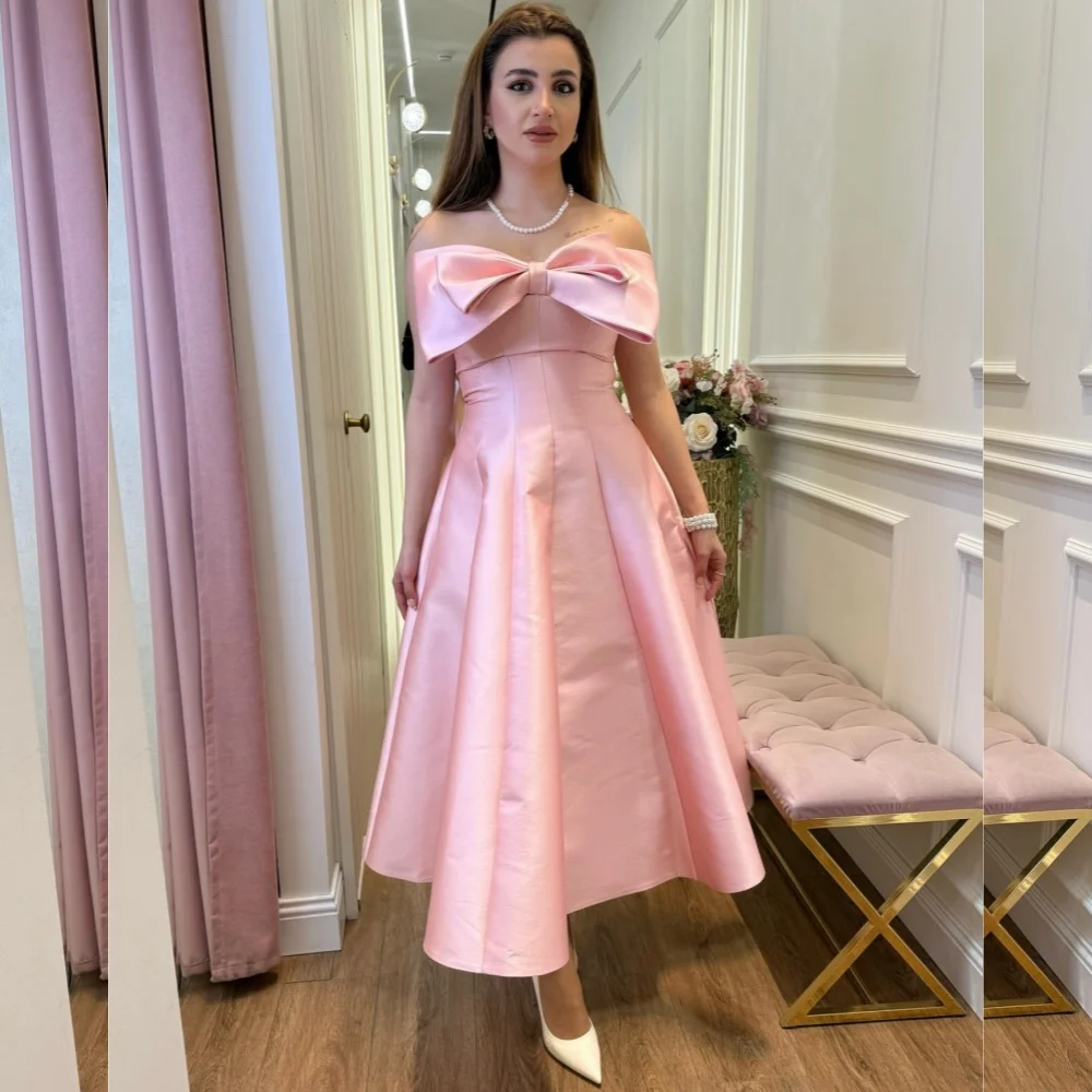 

Customized Intricate Matching Charmeuse Bow Pleat A-line Strapless Midi Dresses Bespoke Occasion Fashion
