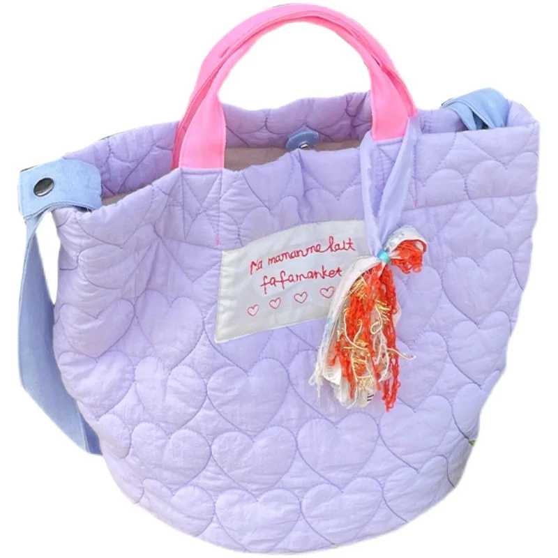 Heart Shape Embroidery Thread Handbag For Women Pad Cotton Tote Bag Purple Soft Folds Satched Bag Cute Chic Bag